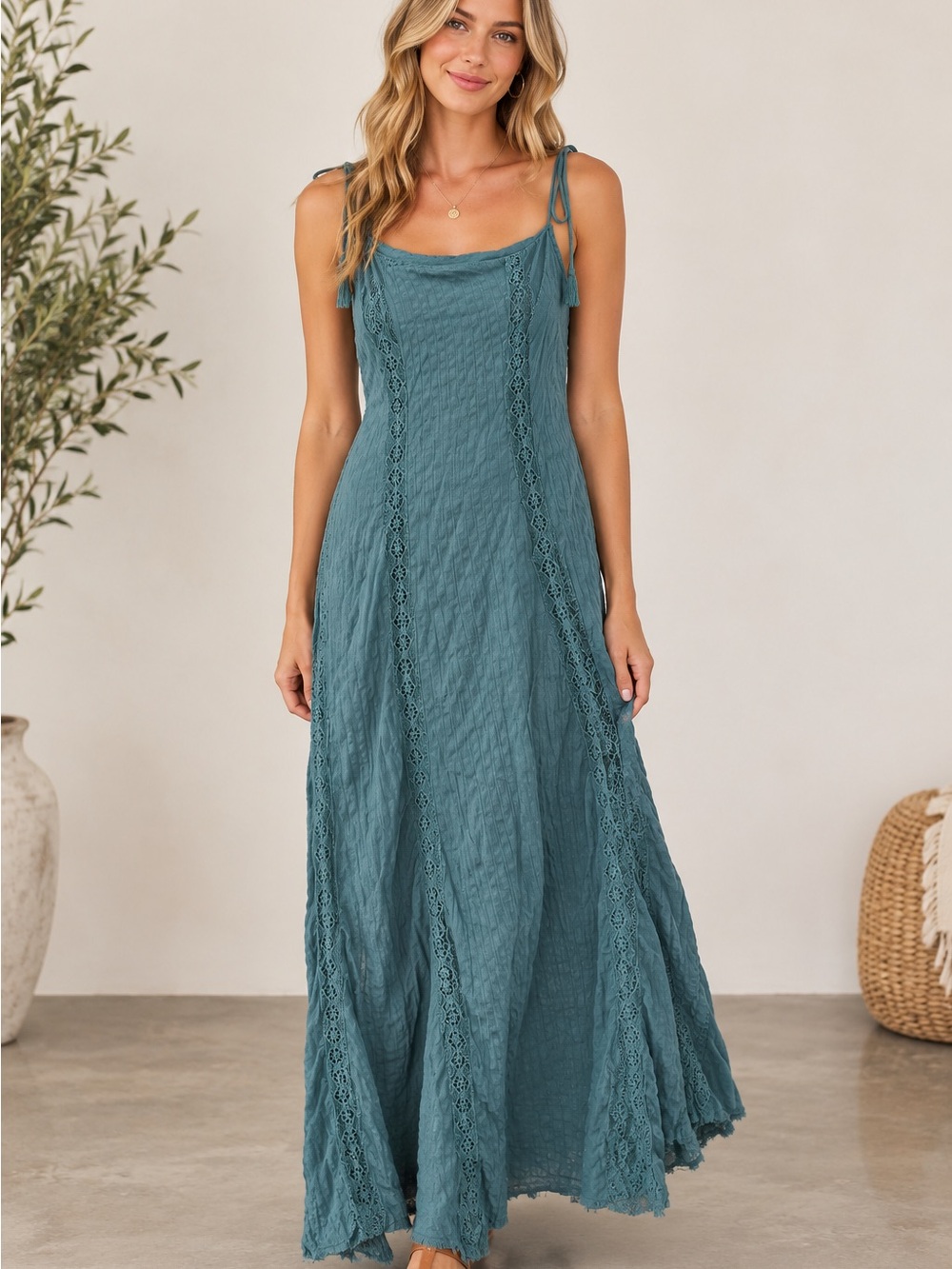 Free People Women’s Teal Maxi Dress with Lace Trim